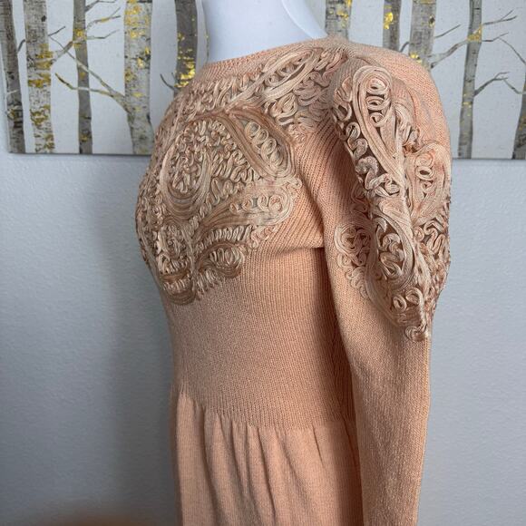 Vintage 80s Pat Sandler for Wellmore Santana Knit Applique Sweater Dress Peach 8 - Picture 3 of 5